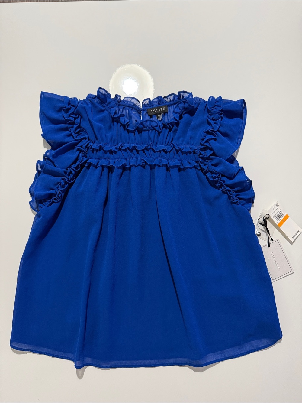 1.STATE Women's Ruffle Edge Cap Sleeve Top Blue Sz S